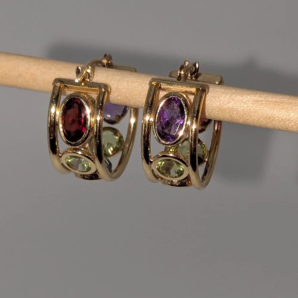 Sold ♥️14k Yellow Gold Amethyst Peridot Blue Topaz Multi-Gemstone Hoop Earrings - Picture 13 of 16